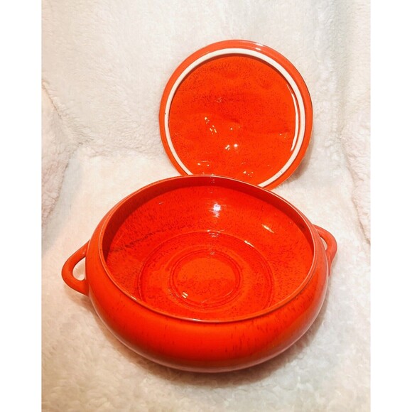 Vtg California Pottery 813 Orange Casserole Chafing Dish Maple Leaf Gold Accents - Picture 4 of 10